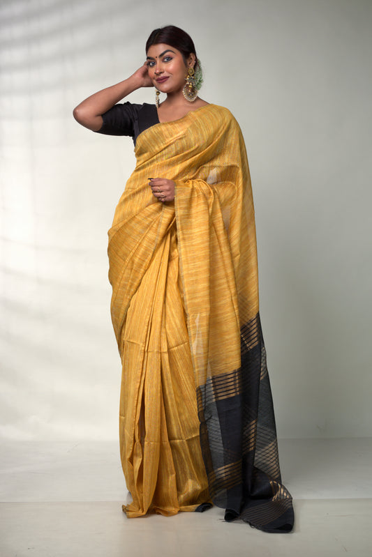 Golden and Black Pure Silk Saree with Blouse Piece