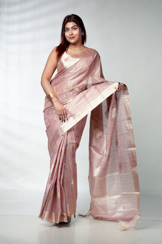Mulberry and Golden Pure Silk Saree with Blouse Piece