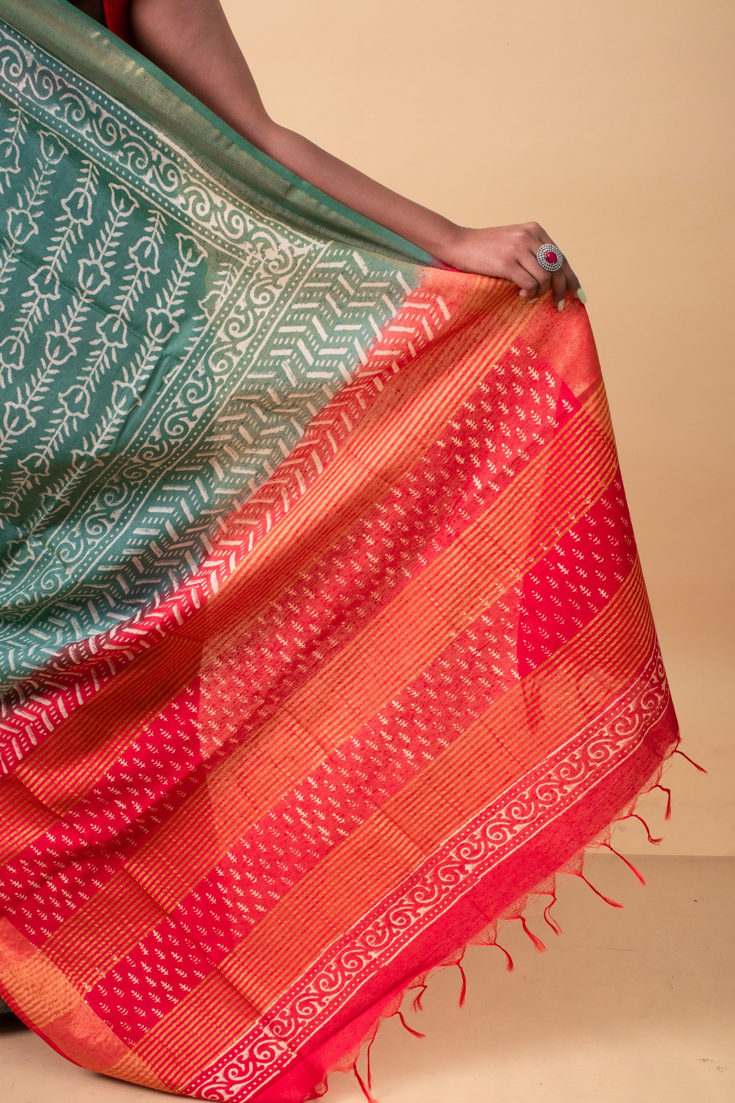 Green & Red Block Printed Chanderi Silk Saree with Blouse Piece