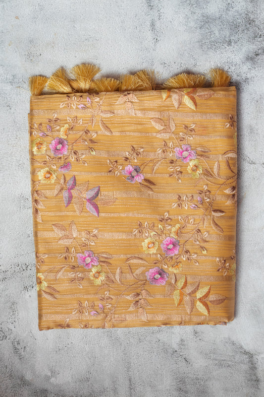 Pale Yellow Floral Embroidered Light Organza Silk Saree with Blouse Piece