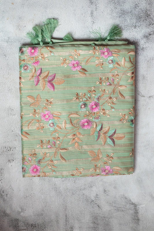 Star Trail Green Floral Embroidered Light Organza Silk Saree with Blouse Piece