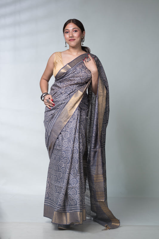 Greyish Blue Pure Silk Saree with Blouse Piece