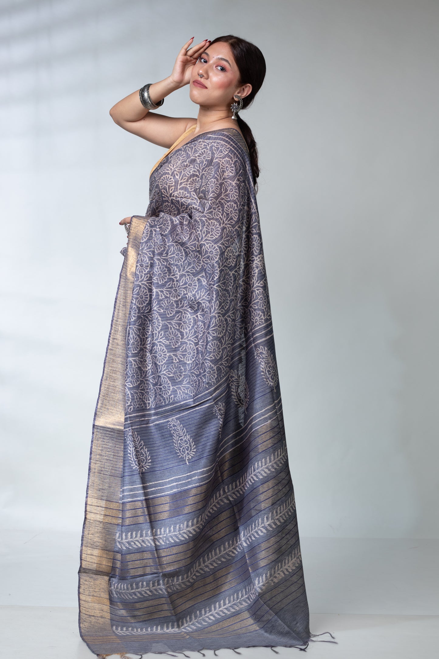 Greyish Blue Pure Silk Saree with Blouse Piece
