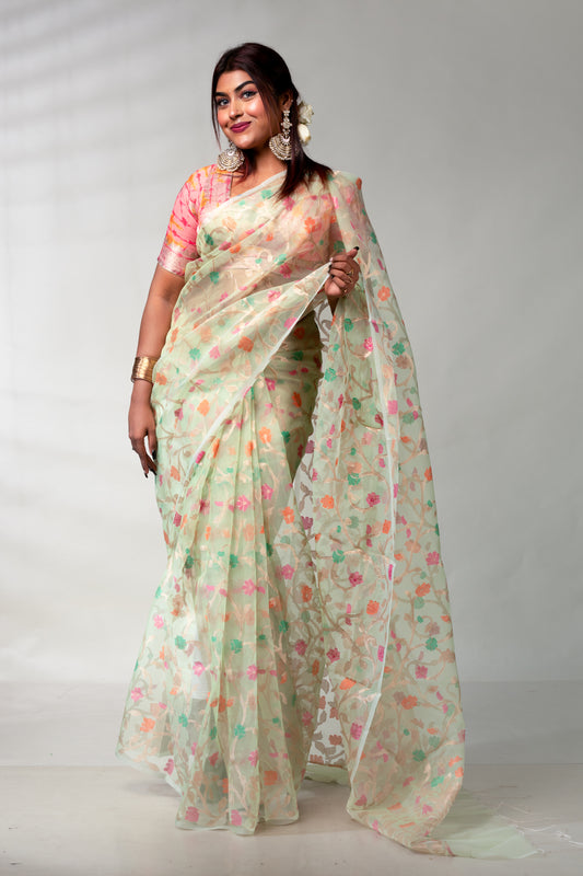 Star Trail Green Pure Muslin Silk Saree with Blouse Piece