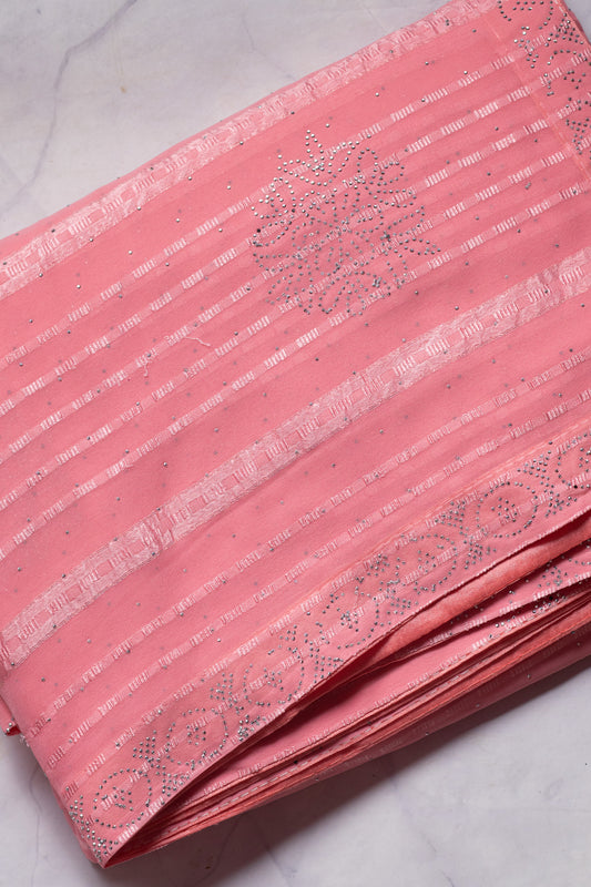 Coral Pink Stone Embellished Fancy Georgette Saree with Blouse Piece