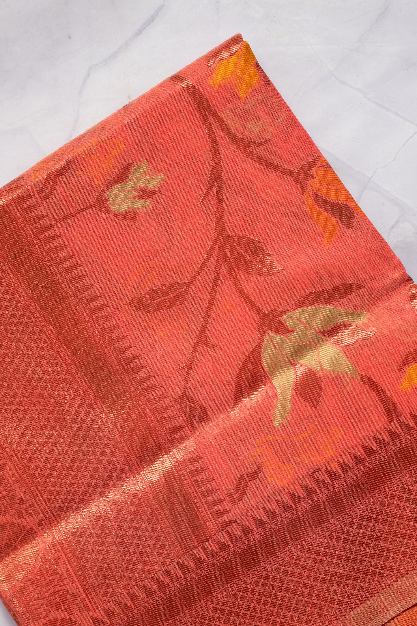 Tangerine Soft Silk Handloom Saree with Blouse Piece