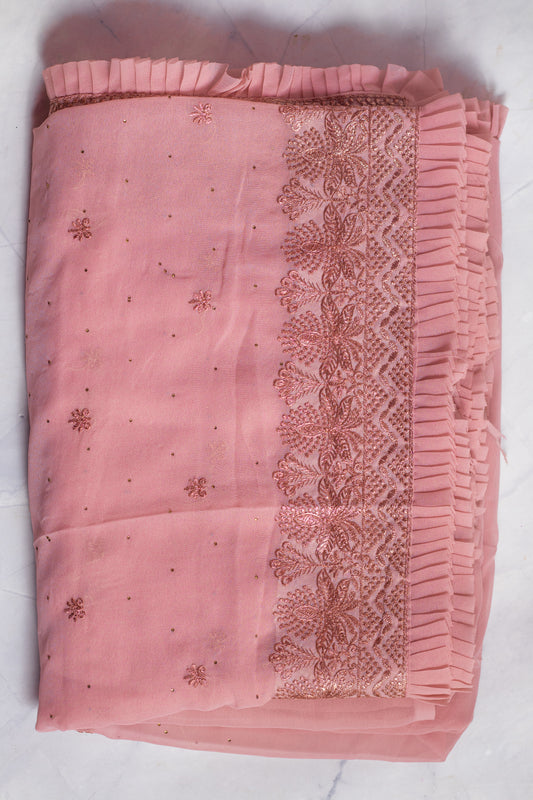 Soft Peach Floral Embroidered Georgette Saree with Blouse Piece