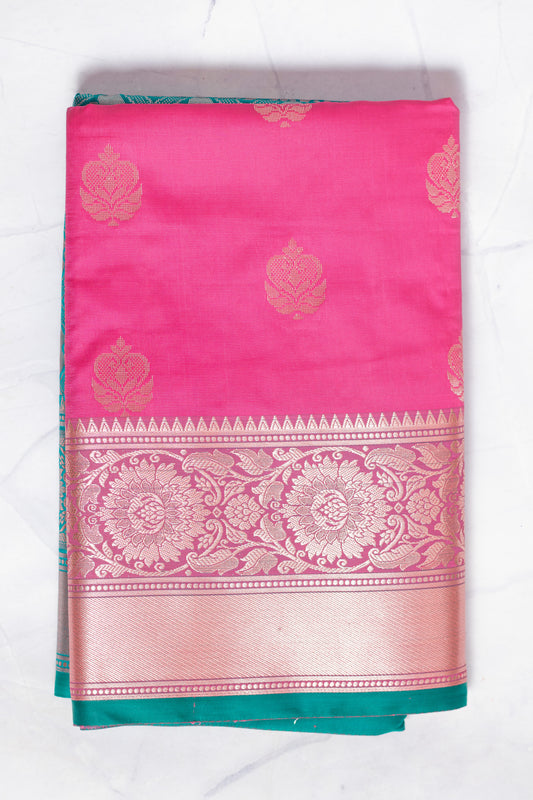 Peach pink, Golden and Blue South Silk Saree with Blouse Piece