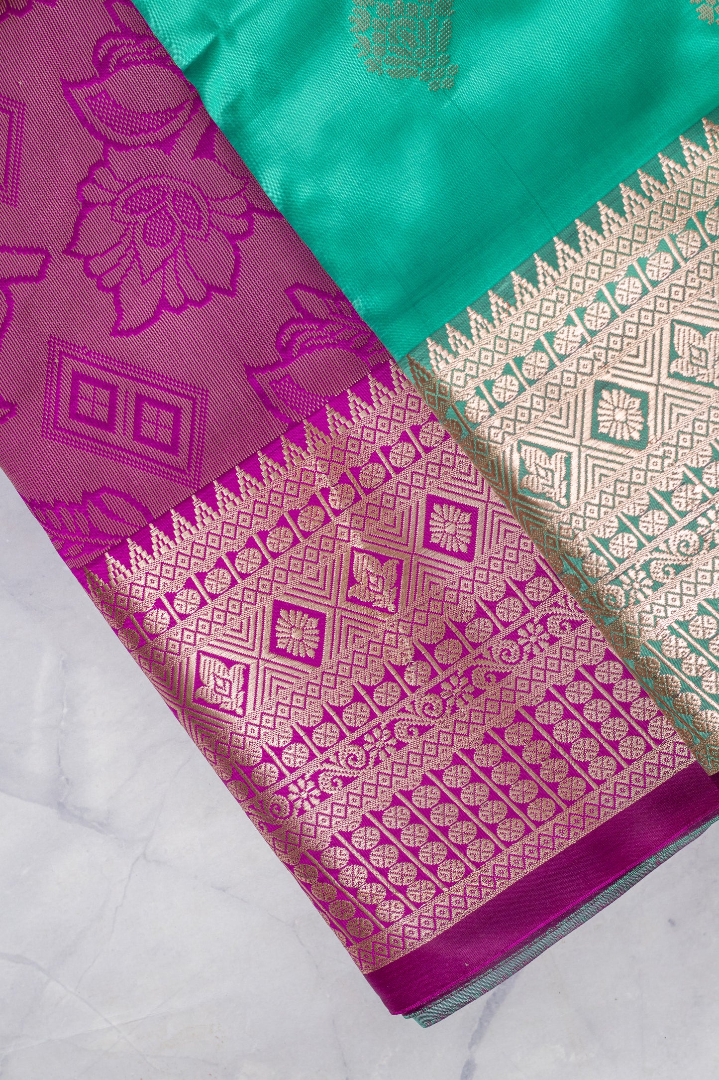 Teal & Purple South Silk Saree with Blouse Piece