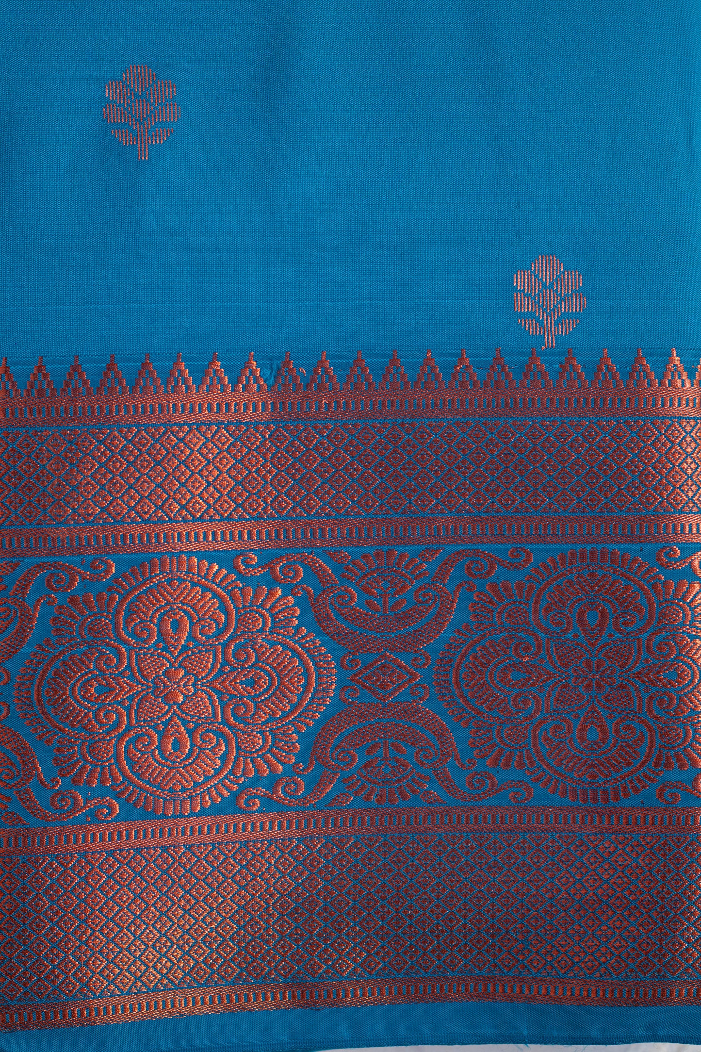 Peacock Blue and Copper Exquisite South Silk Saree with Blouse Piece