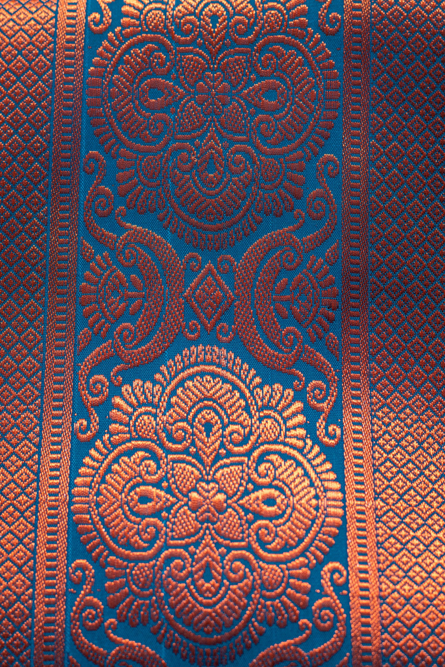 Peacock Blue and Copper Exquisite South Silk Saree with Blouse Piece