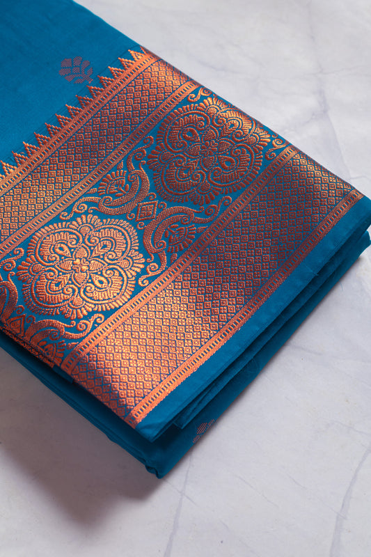 Peacock Blue and Copper Exquisite South Silk Saree with Blouse Piece