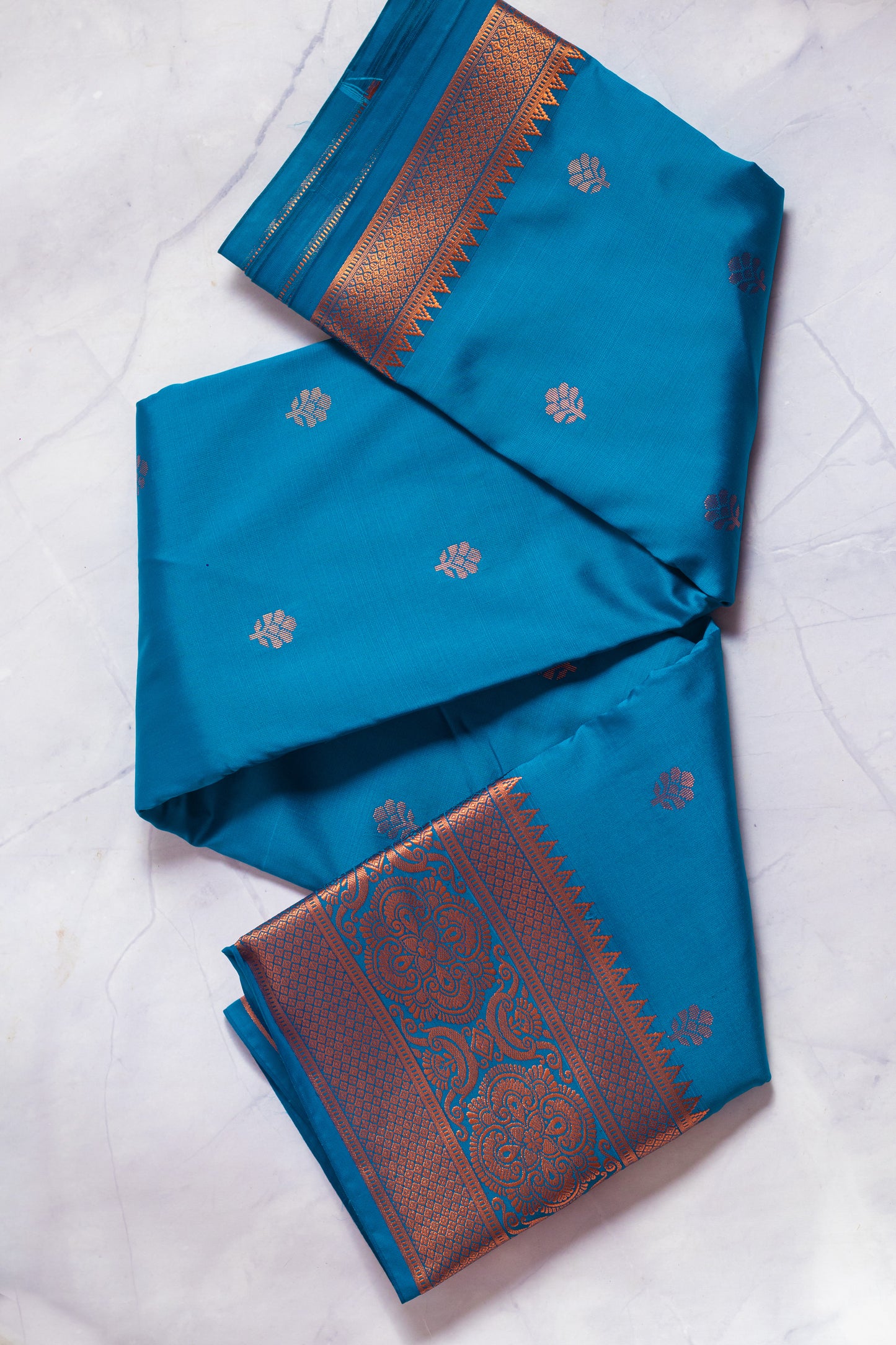 Peacock Blue and Copper Exquisite South Silk Saree with Blouse Piece