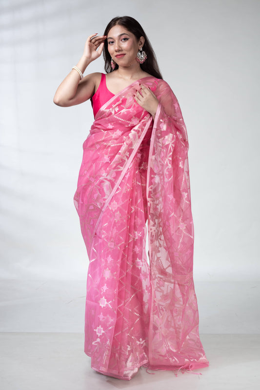 French Fuchsia Pink Pure Muslin Silk Saree with Blouse Piece